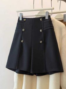 High Waist A-Line Bootcut Pants Womens Outerwear Autumn Fashion Slimming Casual Black Tweed Shorts Korean Style Commute