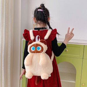 Kawaii Plush Cute Cat Shaped Women Fluffy Bags Aesthetic Stuffed Animal Cartoon Zipper Toys Small Female Backpack Gift