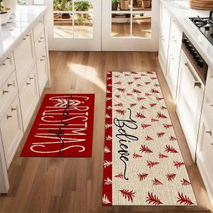 VIKAMA Christmas Pine Leaf Runner Mat Non Slip Anti Fatigue Rug for Kitchen Bedroom Entrance Xmas Holiday Home Decor