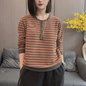 Age-Reducing round Neck Color Contrast Long Sleeve T-shirt Womens Middle-Aged Mother Clothes Fall and Winter New Arrival Stripes Western Style Small Shirt Elegant Tops