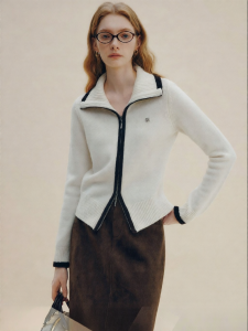 FAMANXUAN | Beige Collar Zip Wool Long-Sleeve Knit Cardigan