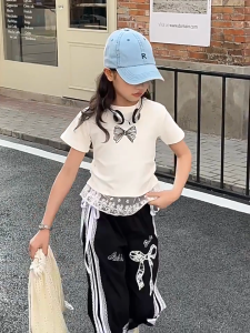New Cargo Pants For Kids Girls 6-15Yrs Bow Lace Baggy Pants Wide Leg Trousers Jogger Pants Street Korean Style Casual Fashion Outfit