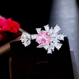 SEQUITO Charming White Gold Plated Women Big Open Cuff Adjustable Ring Paved Pink Heart Shape Crystal Stone Romantic Engagement Finger Jewelry SR066