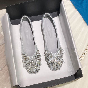 Elegant French Style Crystal Slip-On Shoes Womens mid Heel Fashionable Large Size Casual Footwear for Young Adults