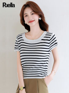 puella | Áo Thun Ôm Cổ Ngắn Sọc Mát Mẻ Mùa Hè
