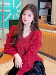 Áo Len Dệt Kim Dài Tay Màu Đỏ Ren Viền Mới Mùa Đông 2025 Cho Nữ Áo Len Cổ Tròn Dáng Rộng Phong Cách Hàn Quốc Chất Liệu Lụa