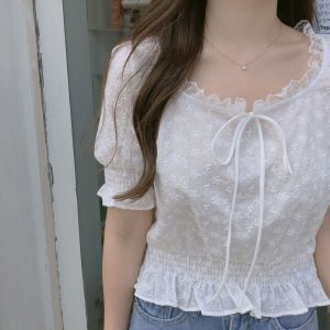 NUANKONG | Chic Bow-Tie Lace Blouse Flowered Square Neck Short Top