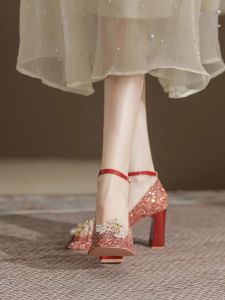 Elegant Red Wedding Shoes Womens Mary Janes High Heels Waterproof Platform Chunky Heel Fashionable Wedding Footwear