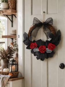 Halloween Rattan Wreath Black Leaves Artificial Red Rose Skull Skeleton Hand Bow Front Door Gothic Spooky Wall Home Party Decor