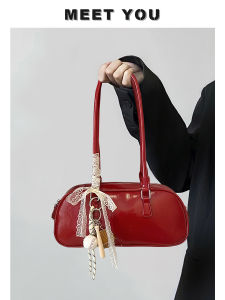 Red Bowling Bag Underarm Wedding Bag Womens New 2025 Autumn Winter High-End Boston Matron Bag Soft PU Leather Handbag