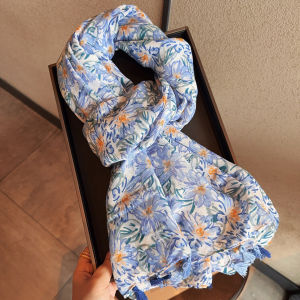 Khăn Choàng Vải Lanh Cotton Họa Tiết Hoa Nhỏ Màu Xanh Lam Phong Cách Đồng Quê Cho Nữ Du Lịch Chụp Ảnh Chống Nắng Khăn Choàng Mùa Hè Xuân Hè