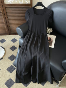 PAIBOLI | Plus Size Black Long Dress Square Collar Slimming Womens Summer Fashion Korean Style A-Line Skirt Commute Style Short Sleeve