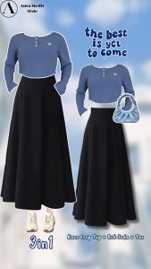 One set 3in1 Remaja (Kaos Longsleeve + Rok + Kalung + Tas) AM250R Outfit Kekinian Wanita Cute