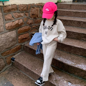 ชุดสองชิ้นลำลองสไตล์เกาหลีสำหรับเด็กผู้หญิง คอกลม กางเกงขายาว ฤดูใบไม้ผลิและฤดูใบไม้ร่วง เสื้อผ้าเด็ก เสื้อผ้าเด็ก