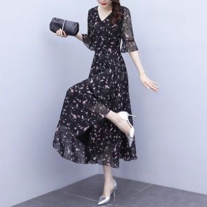 Black Floral Chiffon Dress Womens Summer New Style Mommy Midlife Short Sleeve Long Dress Korean Style Commute High Waist A-Line Skirt