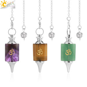 CSJA 3D Rectangle Crystal Pendant Natural Stone Shuttle Pendulum Carved Runes for Divination Healing Pendules Radiesthesia H218
