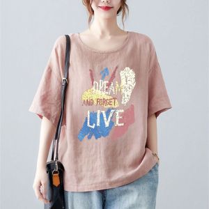 เสื้อยืดคอกลมแขนสั้นผ้าฝ้ายลินินแฟชั่นไซส์ใหญ่สำหรับผู้หญิง ทรงหลวม ลำลอง ฤดูร้อน 2025 เสื้อตัวบนทรงหลวม