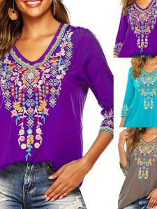 Casual V-Neck Printed Long Sleeve Top Womens Loose Fit T-Shirt Comfortable Polyester Summer Fashion Basic Style No Brand