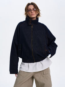 Loose Mens Denim Jacket Vintage Short Wide American Retro Harington Style Long Sleeve Stand Collar Youth Fashion Outerwear