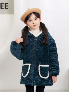 เสื้อคลุมเด็กบุขนเพิ่มความหนาสำหรับเด็กหญิงวัย5-12ขวบผ้ากันเปื้อนแขนยาวกันหนาวกันเปื้อนเสื้อแจ็คเก็ตขนเป็ดมีฮู้ด