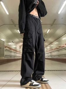 Black Casual Straight Leg Work Pants Mens High Street Style Spring 2024 Trendy Loose Fit Cargo Trousers Youth Daily Wear