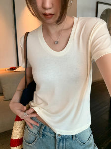 Áo Thun Tay Ngắn Ôm Vừa Vặn Mùa Hè Cho Nữ Áo Thun Tay Ngắn Cổ Chữ U Bằng Sợi Acetate Màu Trắng Cổ Điển Phong Cách Hàn Quốc