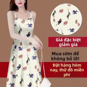 Váy Midi in Hoa Không Tay Cổ Chữ V Cho Bà Bầu Mùa Hè 2025 Váy Midi Chữ a Cạp Rộng Không Tay Thường Cho Nữ