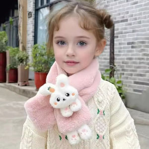 Girls Winter Warm Scarfs Thick Plush Cross Childrens Scarf Baby Bib Cute Cartoon Rabbit Faux Fur Cross Neckerchief Protection S