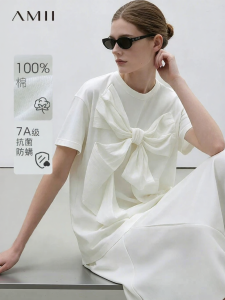 AMII | Round Neck Ruffled Texture Bow Off-shoulder Sleeve Cotton Womens T-Shirt
