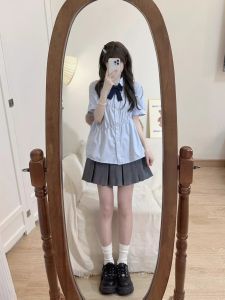 Japanese Style JK Two-Piece Set Summer New Blue Short Sleeve Shirt Underwear Plaid Skirt College Style for 18-25 Year Olds