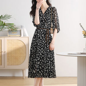 Fashion French Elegant Versatile Age-reducing Flower Chiffon Dress