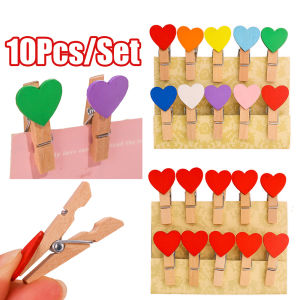 10Pcs/Set Wooden Colored Love Heart Photo Clip Memo Paper DIY Photo Clips for Valentines Day Wedding Birthday Party Decoration