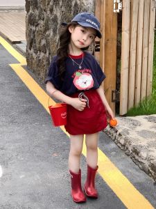Red Half Skirt Girls Bodycon Skirt Cute 2025 Summer Street Style Childrens Korean Style Popular Skirt Set Breathable Loose Fit
