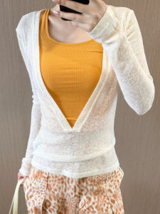 YUEZHONGWEI | White V-Neck Ice Silk Knitted Cover Up Women Summer Thin Outerwear Layering Neck Hanging Strap Vest Two-Piece Set Casual Style