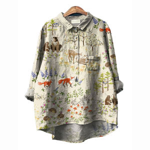 Retro Large Size Button up Long Sleeve Loose Fit Casual mid Length Shirt Fruit Plant Motif Comfortable Spring Summer Cotton Polyester Blend