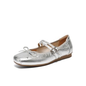 Belle | Retro Silver Mary Jane Shoes Leather Soft Bottom Double Straps