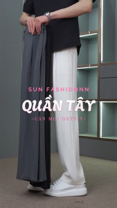 Quần âu ống suông nửa cạp chun SUN màu BE form suông rộng nam nữ chất vải mềm mịn thoáng mát