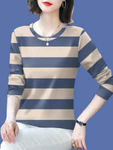 Spring Autumn Versatile Long Sleeve round Neck Printed Base Shirt Womens Inner Wear Outerwear Striped Trendy T-Shirt Commute Style