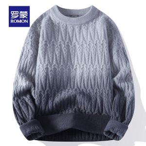 ROMON | Áo len dệt kim dày ấm áp mùa thu đông mới cho nam cổ tròn rộng rãi màu sắc chuyển biến áo len cardigan dài tay thường ngày