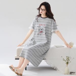 Miiow | Cat Lady Summer 2025 New Pure Cotton Antibacterial Short Sleeve Striped Loose Midi Dress Womens Style Casual Home Wear
