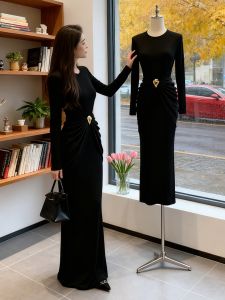 SHANGSHA | Summer Elegance Black Waist-defining Dress
