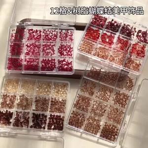 12Grids 3D Maillard Brown Bow Ribbon Nail Charms Mini Resin Bowknot Nail Art Decorations Autumn Winter Bowtie Manicure Accessory