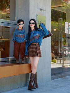 Cool Trendy Parent-Child Matching Shirts Embroidered Denim Letter Stitched Collared Kids Autumn New Style Cotton Polyester Blend