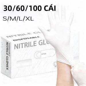 Găng Tay Nitrile Trắng Dùng Một Lần 30/60/100 Chiếc Găng Tay Vệ Sinh Gia Đình Đa Năng Làm Đẹp Làm Tóc Lớp Lót Mịn Cao Su