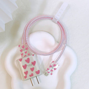 Cute Pink Heart Charger Protective Case Compatible for iPhone 18W/20W Transparent TPU Data Cable Protector Cover For iPhone 16