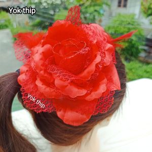ขนาดดอก 13cm. ดอกไม้ประดิษฐ์ ติดผม กิ๊บดอกไม้กุหลาบ ขนนก  เครื่องประดับผม แฟชั่น ฟ้อนรำวง ย้อนยุค ชุดไทย
