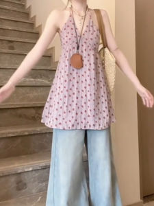 YUEZHONGWEI | Áo ba lỗ không tay cổ chữ V màu tím hoa kiểu Pháp cho nữ mùa hè rộng rãi dài vừa phải phong cách đi biển áo khoác ngoài