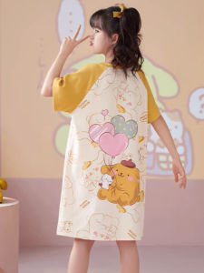 Summer Short Sleeve Thin Balloon Dog Print Sleepwear Set Cute Girls Air Conditioned Nightgown Polyester Cotton Blend Home Clothes