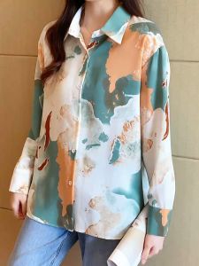 Kain Berkualitas Tinggi Wanita Kemeja Lengan Panjang Hijau Musim Semi Musim Gugur Atasan Street Retro Gaya Korea Yang Trendi