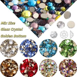 Mix Size 1440Pcs Golden Bottom Glass Rhinestones Glue On Crystal Nail Art Glitter Decoration For Garment Wedding Dress